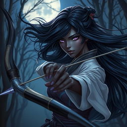 A beautiful drow woman with flowing black hair and enchanting purple eyes, exuding elegance and stealth