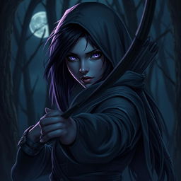 A drow woman with mysterious black hair and striking purple eyes, embodying the essence of a skilled shinobi