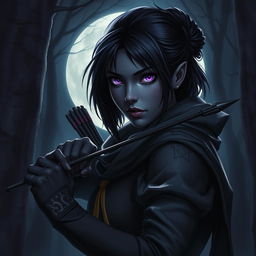 A drow woman with mysterious black hair and striking purple eyes, embodying the essence of a skilled shinobi