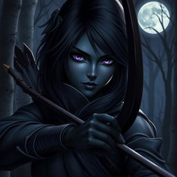 A drow woman with mysterious black hair and striking purple eyes, embodying the essence of a skilled shinobi