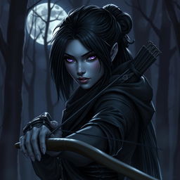 A drow woman with mysterious black hair and striking purple eyes, embodying the essence of a skilled shinobi