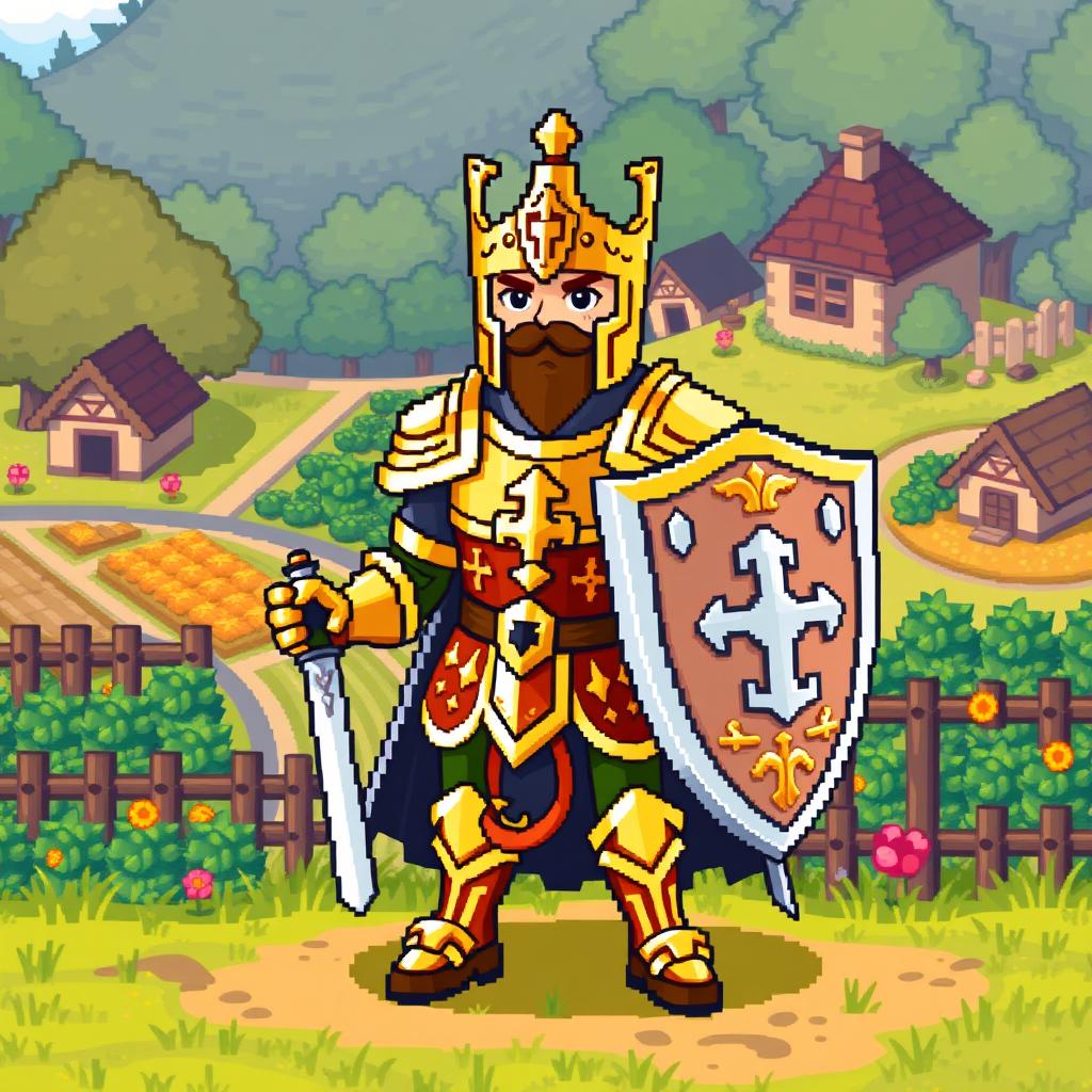 A pixel art character of a paladin crafted in the whimsical style of Stardew Valley