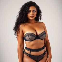 A tall, curvy woman wearing garter lingerie, showcasing her long curly hair cascading elegantly