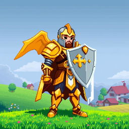 A pixel character of a paladin inspired by the Stardew Valley game style