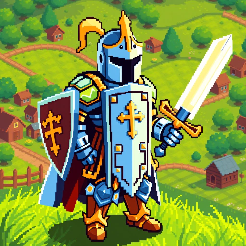 A pixel character of a paladin inspired by the Stardew Valley game style