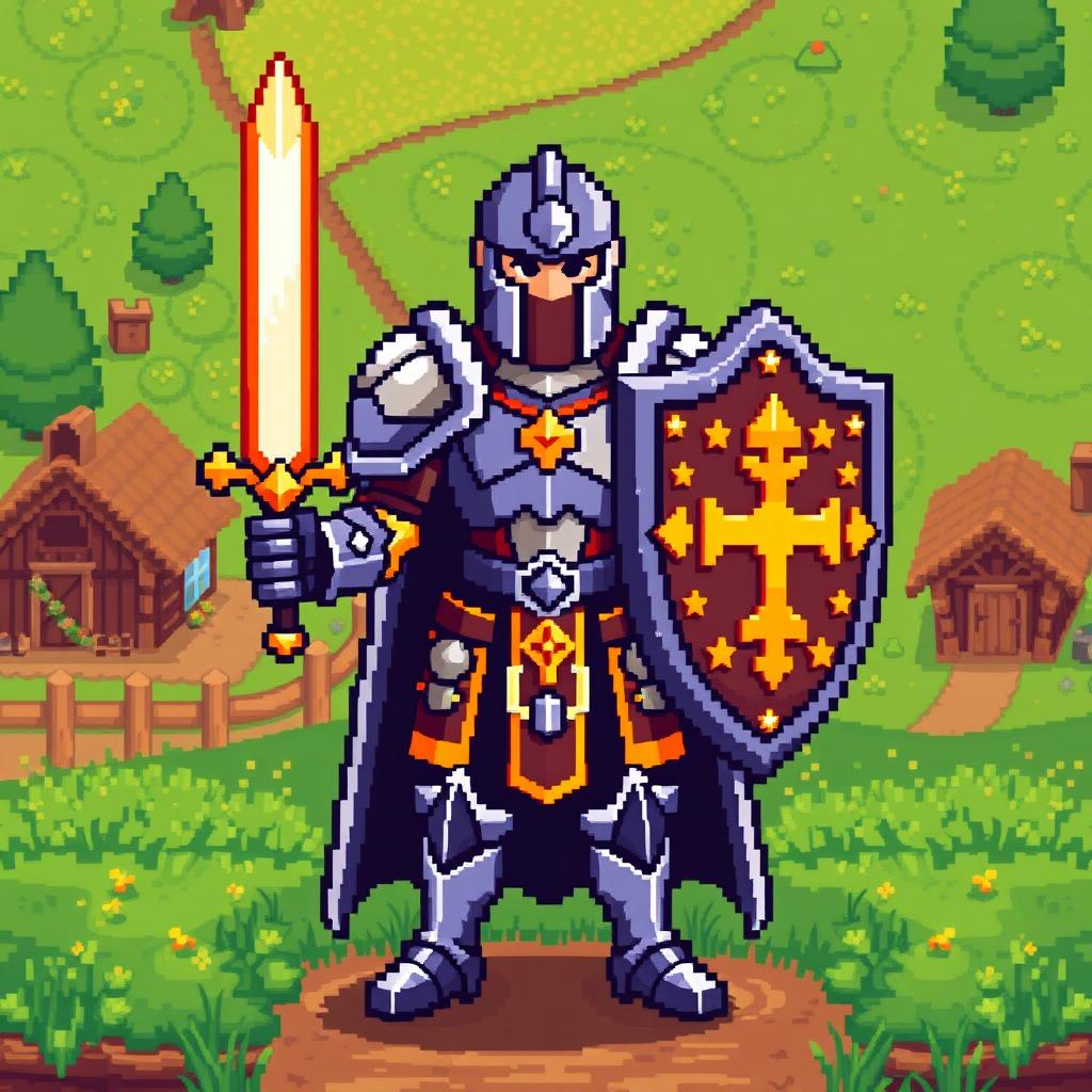 A pixel sprite character of a paladin inspired by the Stardew Valley game style