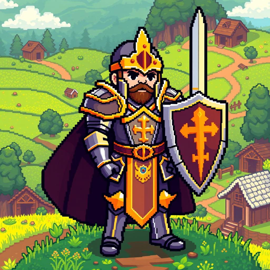 A pixel sprite character of a paladin designed to fit seamlessly into the Stardew Valley universe