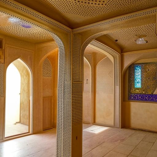 Interior view of a traditional Iranian house in Yazd, showcasing classic design elements like ornate Persian rugs, plasterwork, mirrored mosaics, and a central courtyard.