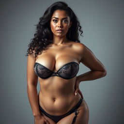 A white, tall, curvy woman with big breasts, dressed in garter lingerie