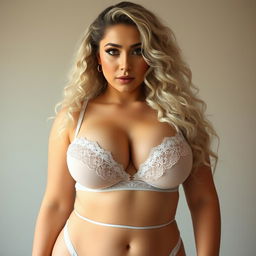 A white, tall, curvy woman with big breasts, dressed in garter lingerie