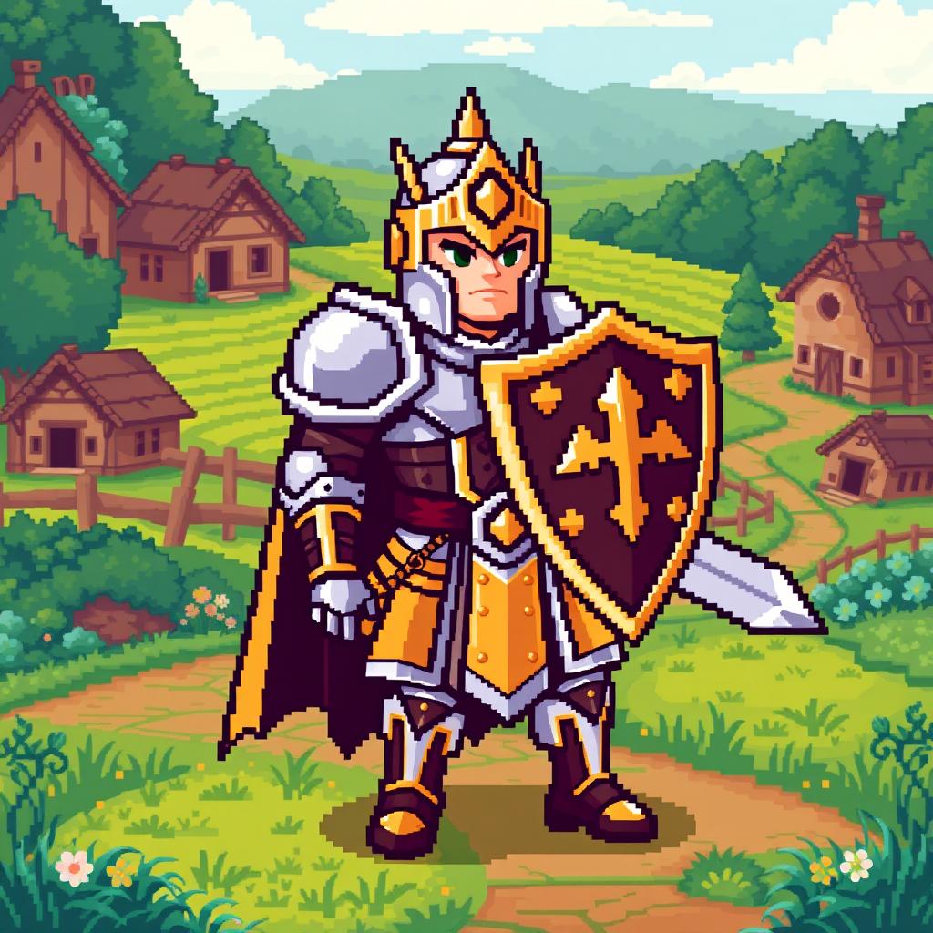 An 8-bit pixel sprite character of a paladin rendered in the Stardew Valley style