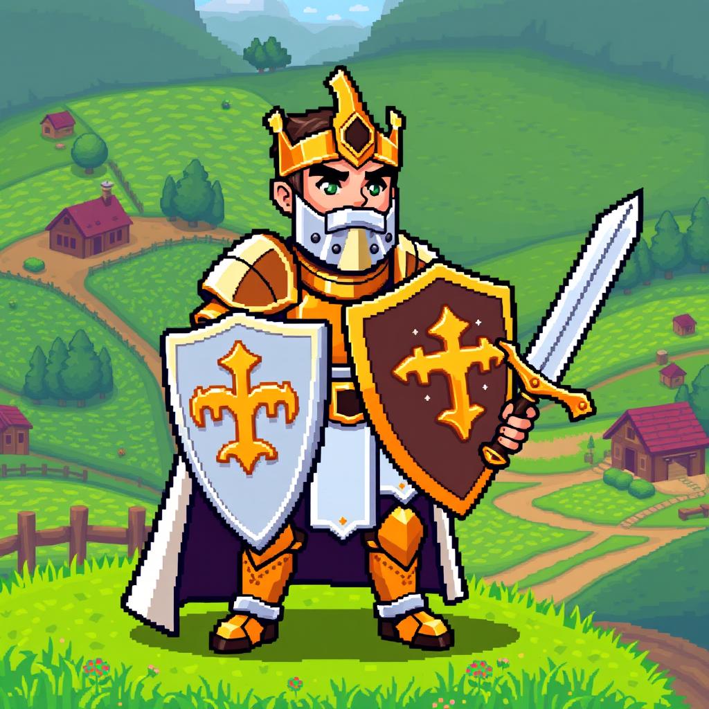 An 8-bit pixel sprite of a paladin character designed in the Stardew Valley style