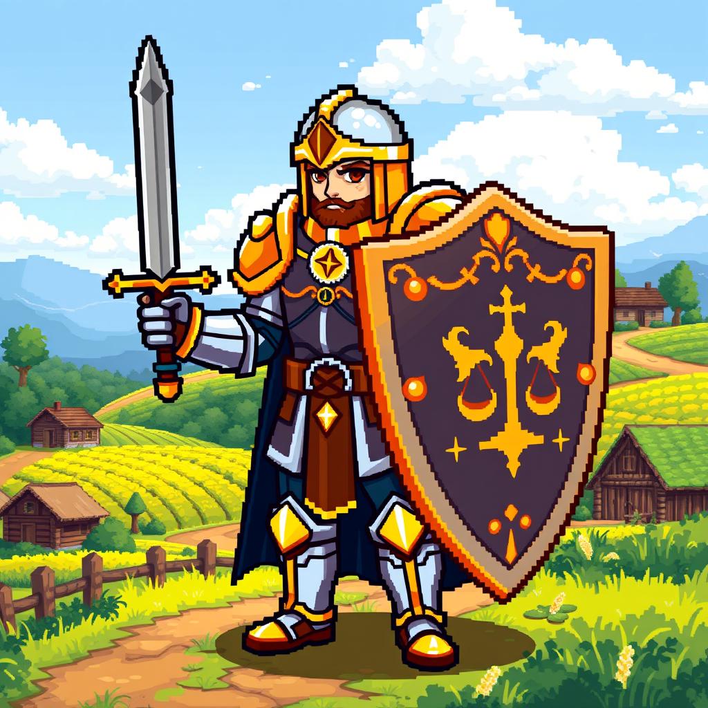 An 8-bit pixel art paladin character crafted in the iconic Stardew Valley style