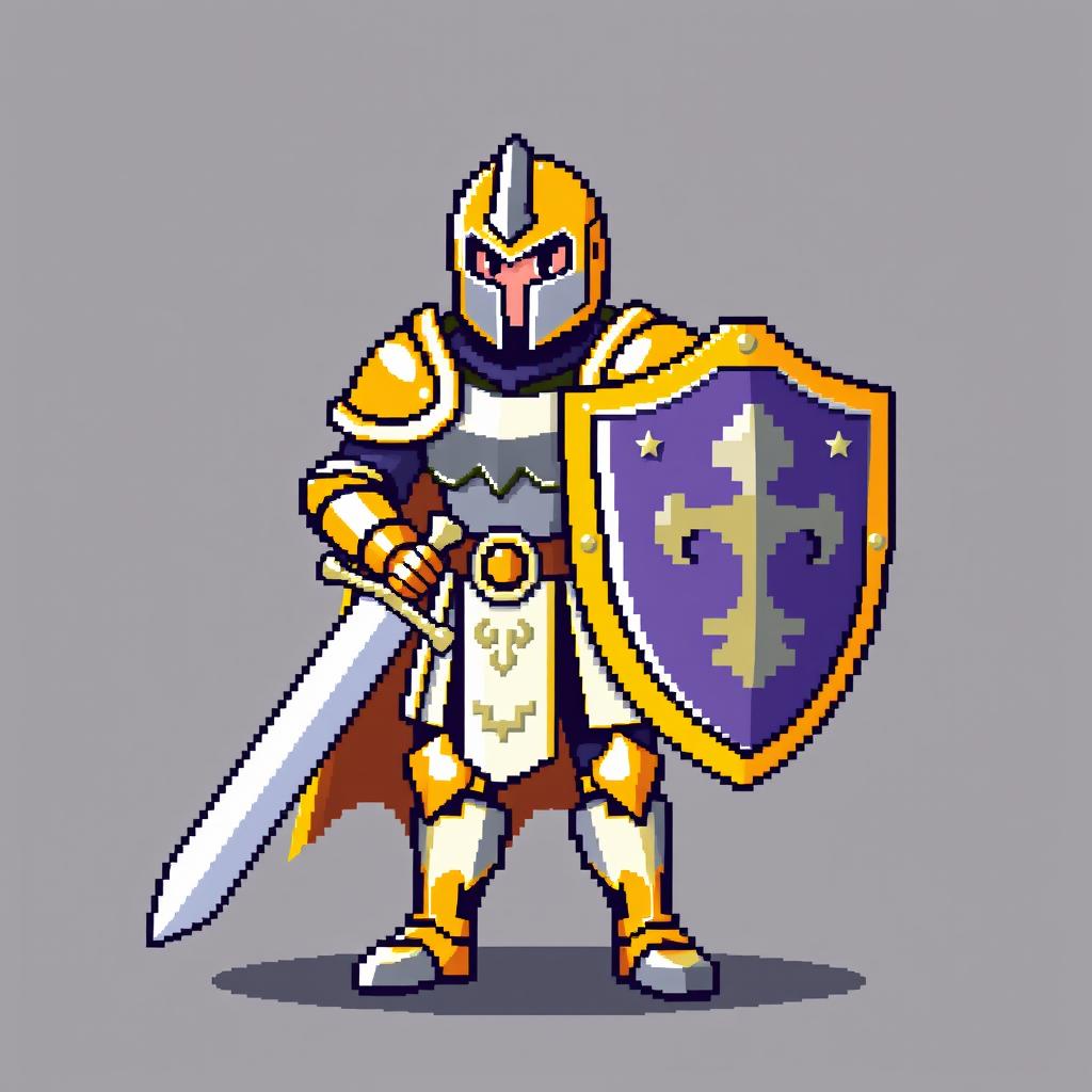 An 8-bit pixel art paladin in retro gaming style, featuring a character in shining, simplified armor typical of classic 8-bit design