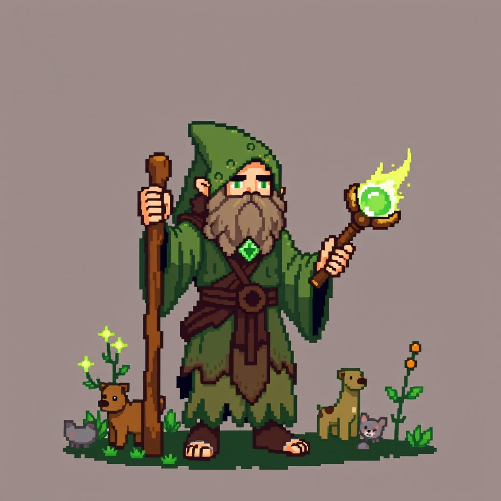 An 8-bit pixel art representation of a druid character, embodying the traditional essence of retro gaming styles