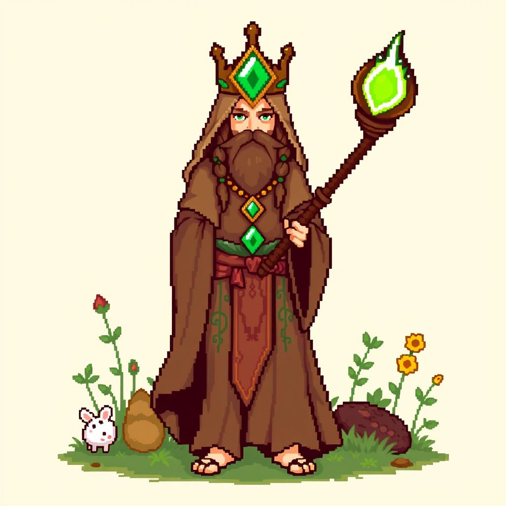 An 8-bit pixel art depiction of a druid character, embodying the classic retro gaming style