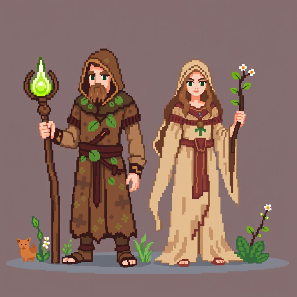 An 8-bit pixel art featuring both a male and female druid character, embodying the traditional retro gaming aesthetics
