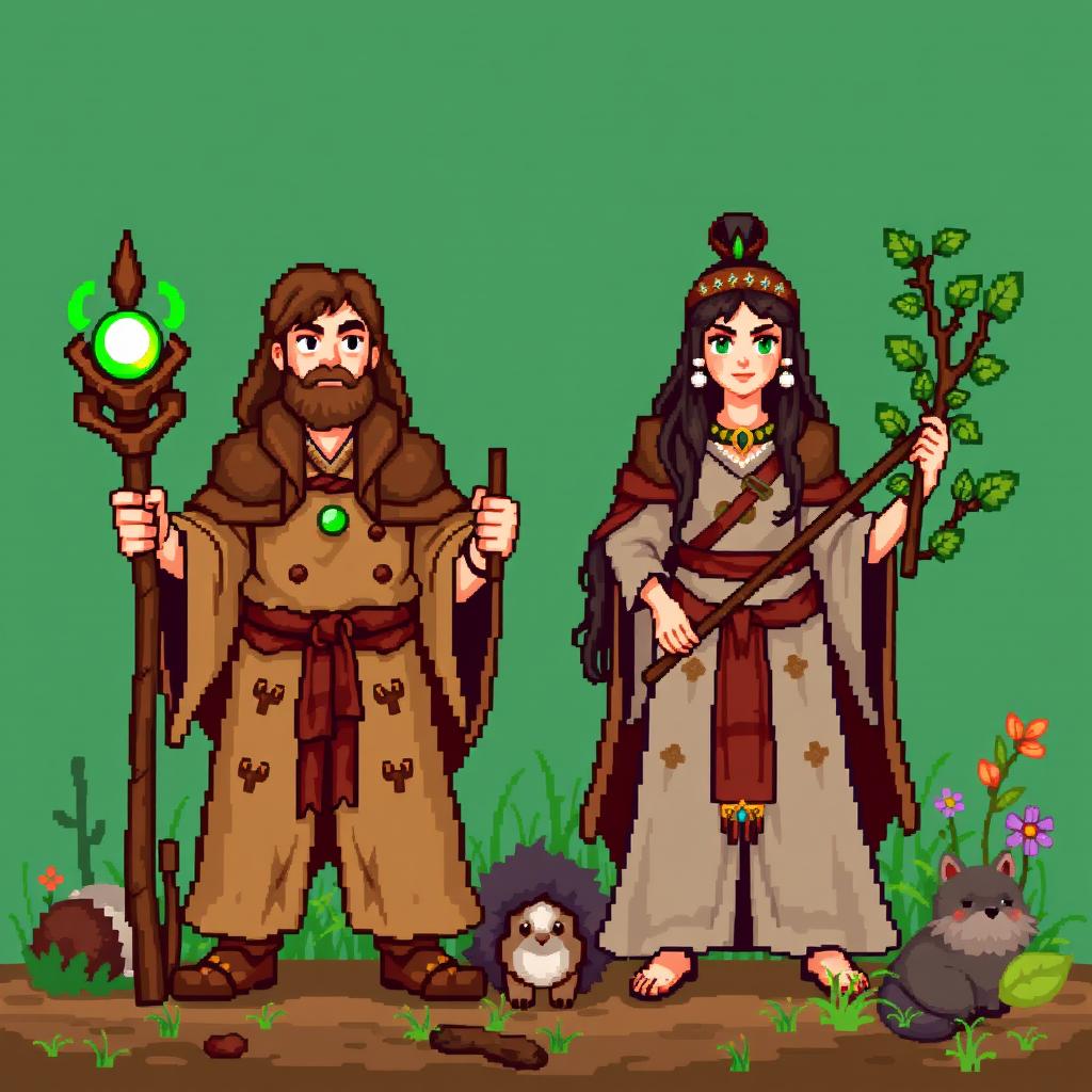 An 8-bit pixel art scene featuring both a male and female druid character, designed in a classic retro gaming style