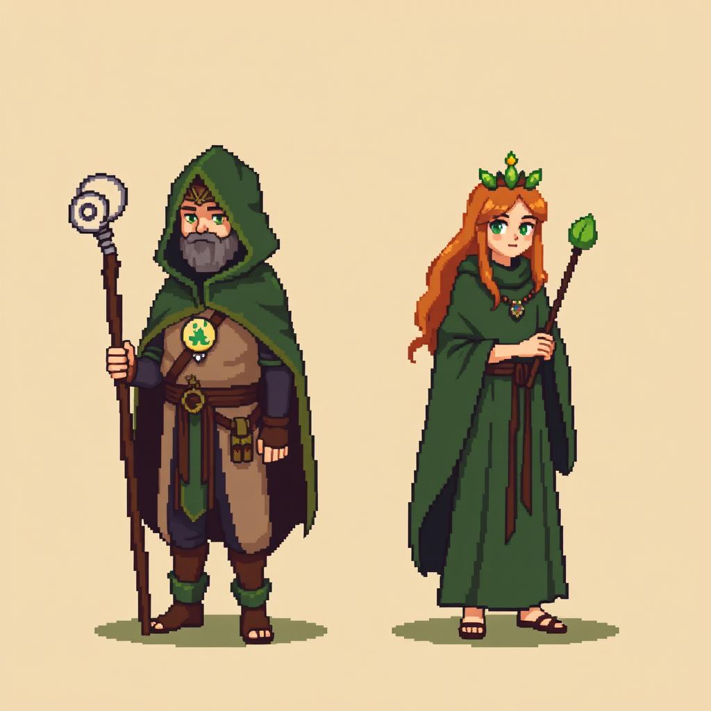 Create a 20x20 pixel art of both a male and female druid character, focusing on vibrant yet simple designs due to the tiny resolution