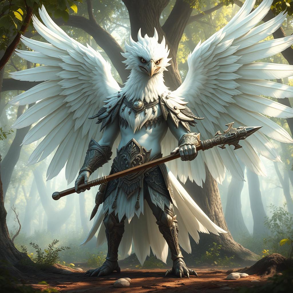 A majestic white birdfolk barbarian, blending elegance with strength