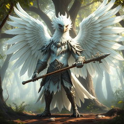 A majestic white birdfolk barbarian, blending elegance with strength