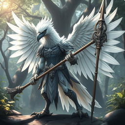 A majestic white birdfolk barbarian, blending elegance with strength