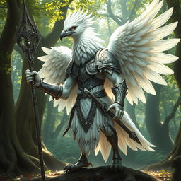 A majestic white birdfolk barbarian, blending elegance with strength