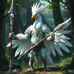 A majestic white birdfolk barbarian, blending elegance with strength