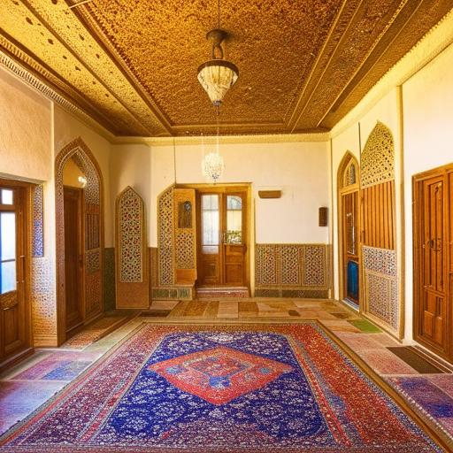 Interior view of a traditional Iranian house in Yazd, showcasing classic design elements like ornate Persian rugs, plasterwork, mirrored mosaics, and a central courtyard.