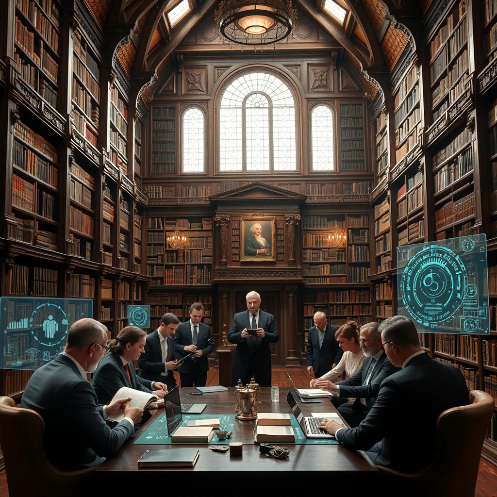 A secret society of highly intellectual people dedicated to protecting knowledge in a large, old building set in modern times