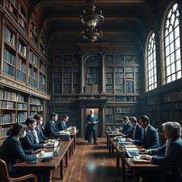 A secret society of highly intellectual people dedicated to protecting knowledge in a large, old building set in modern times