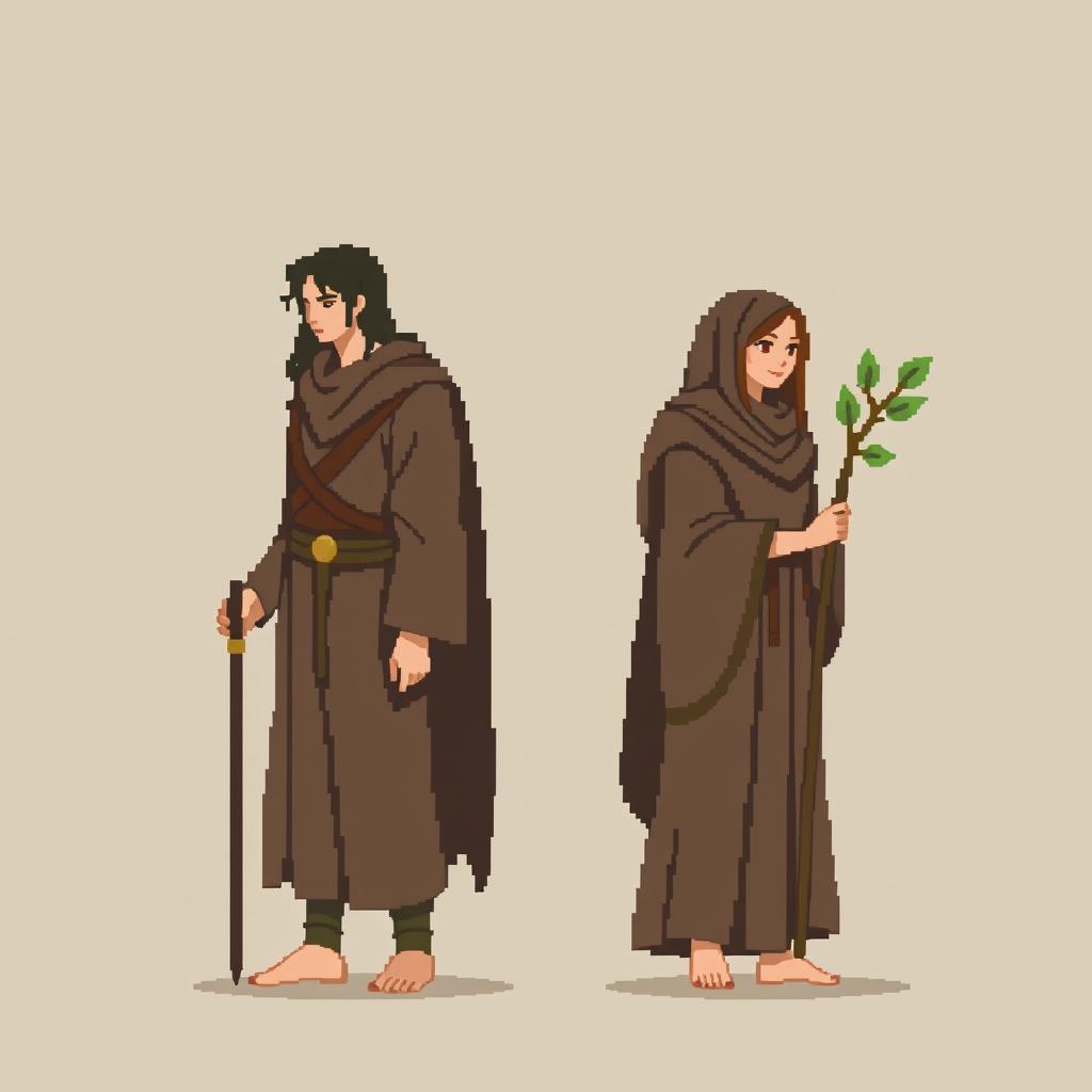 A minimalist pixel art design of both a male and female druid character, focusing on simplicity and natural themes