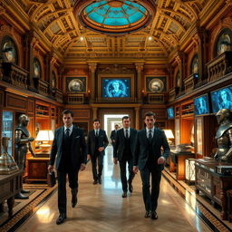 A secret society in true Kingsman style, housed in a large building that blends technological advancement with ancient features