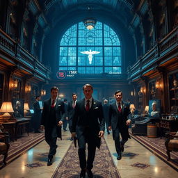 A secret society in true Kingsman style, housed in a large building that blends technological advancement with ancient features