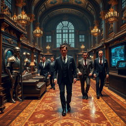 A secret society in true Kingsman style, housed in a large building that blends technological advancement with ancient features