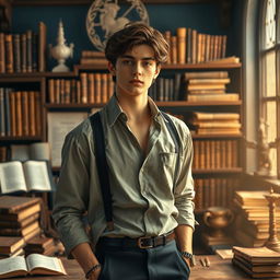 A 25-year-old handsome guy who is a history student, exhibiting a boyish yet hot and mature charm at 1m83 tall, with dark brown hair