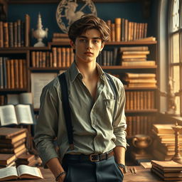 A 25-year-old handsome guy who is a history student, exhibiting a boyish yet hot and mature charm at 1m83 tall, with dark brown hair