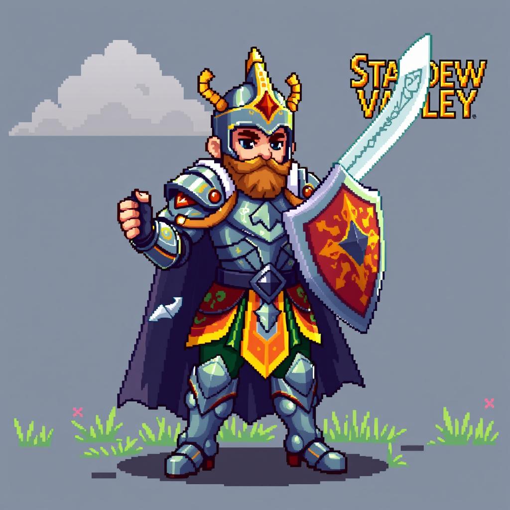 A pixel art character of a paladin in the style of Stardew Valley