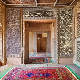 Interior view of a traditional Iranian house in Yazd, showcasing classic design elements like ornate Persian rugs, plasterwork, mirrored mosaics, and a central courtyard.