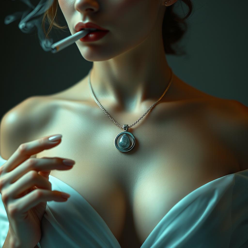 A serene, nude woman with teardrop-shaped breasts elegantly covered by a delicate fabric, exuding allure and sophistication