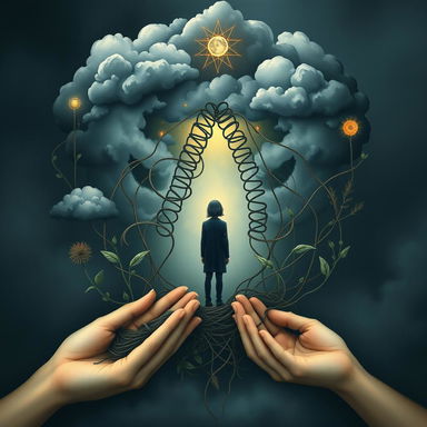 An image that represents depression and how it functions, intertwined with elements of care and healing
