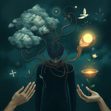 An image that represents depression and how it functions, intertwined with elements of care and healing
