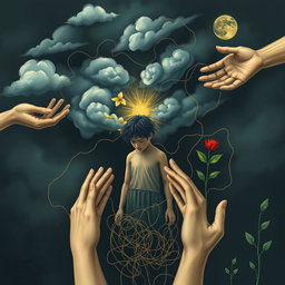An image that represents depression and how it functions, intertwined with elements of care and healing