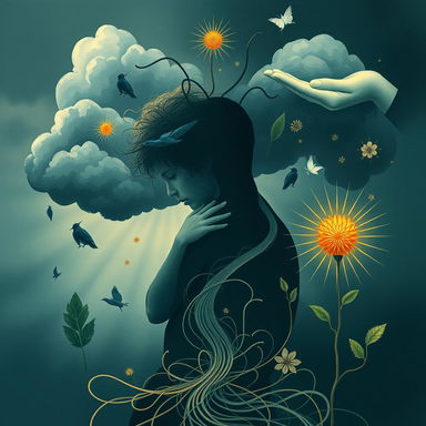 An image that represents depression and how it functions, intertwined with elements of care and healing