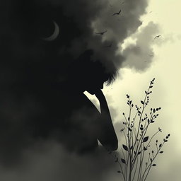 An image that represents depression and how it functions, combined with elements of care and healing, using black and its shades
