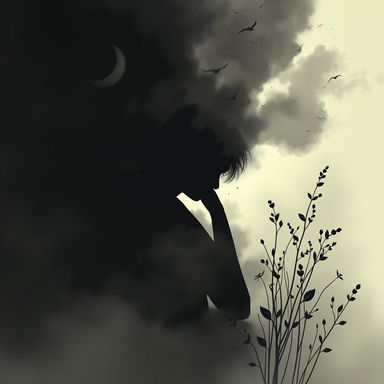 An image that represents depression and how it functions, combined with elements of care and healing, using black and its shades