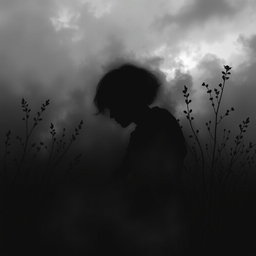 An image that represents depression and how it functions, combined with elements of care and healing, using black and its shades