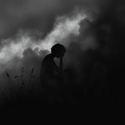 An image that represents depression and how it functions, combined with elements of care and healing, using black and its shades