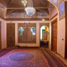 Interior view of a traditional Iranian house in Yazd, showcasing classic design elements like ornate Persian rugs, plasterwork, mirrored mosaics, and a central courtyard.