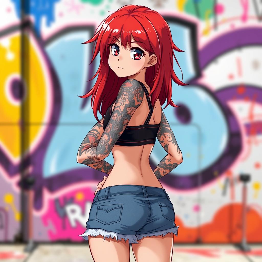 A red-haired anime girl with small breasts and a petite figure, confidently wearing jean shorts and a sports bra